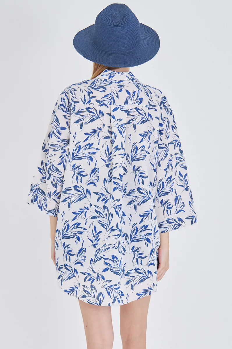 ARM-24Y001079 Saks-Ekru Desenli Keten Görünümlü Önden Bağlamalı Kimono Gömlek