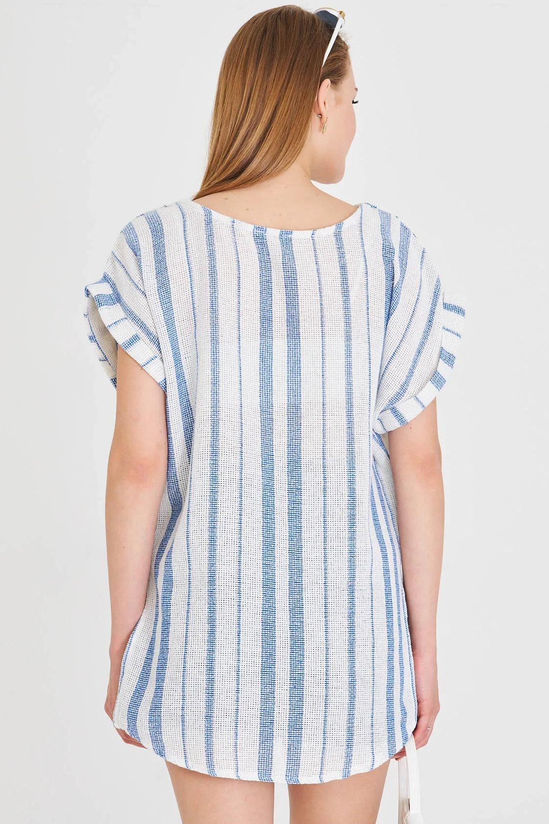 ARM-25Y001056 Saks V Yaka Yanları Yırtmaçlı Arkası Uzun Duble Kol Detaylı Oversize Bluz