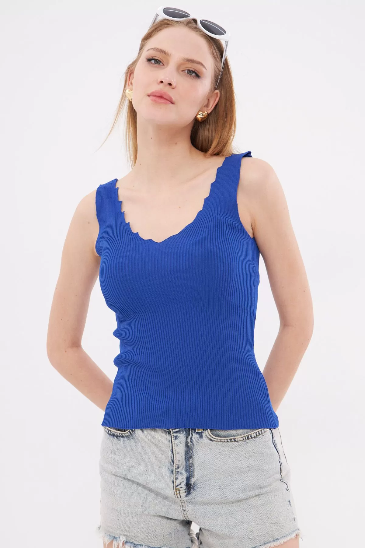 ARM-23Y069004 Saks Zigzaglı V Yaka Kaşkorse Bluz