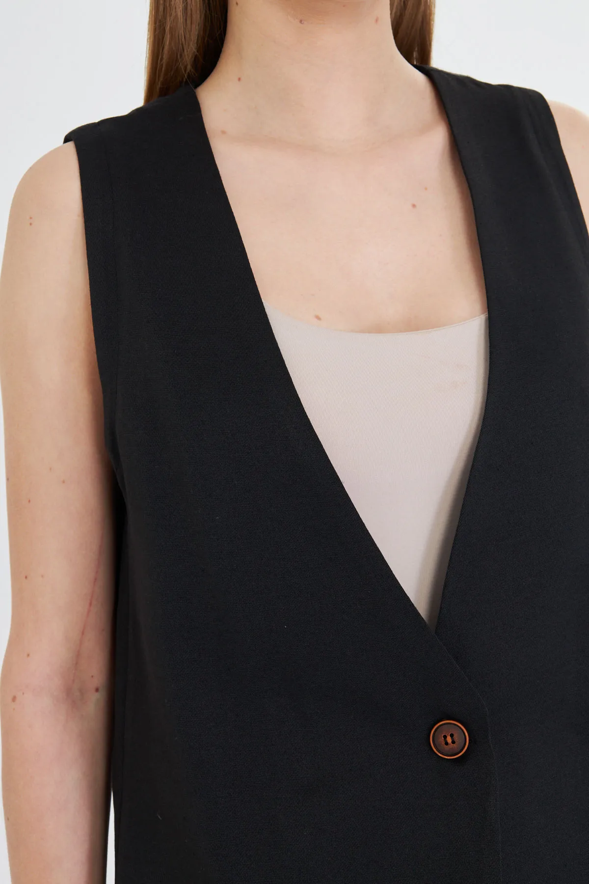 ARM-25Y001036 Siyah V Yaka Tek Düğme Oversize Yelek