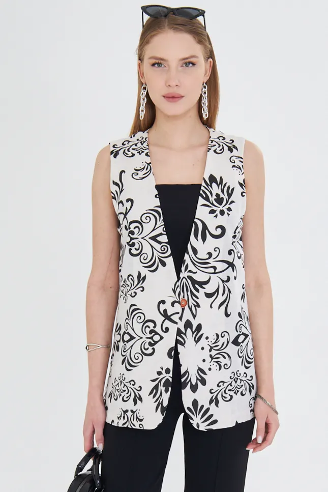 ARM-25Y001032 Siyah V Yaka Tek Düğme Oversize Desenli Yelek