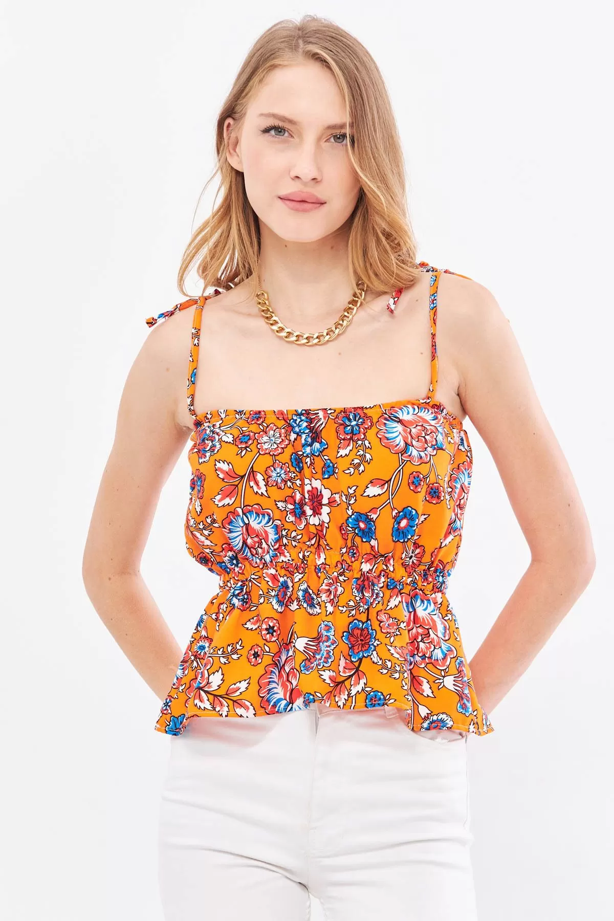 ARM-24Y001098 Turuncu Desenli Beli Lastikli Askıları Bağlama Detaylı Straplez Crop Bluz