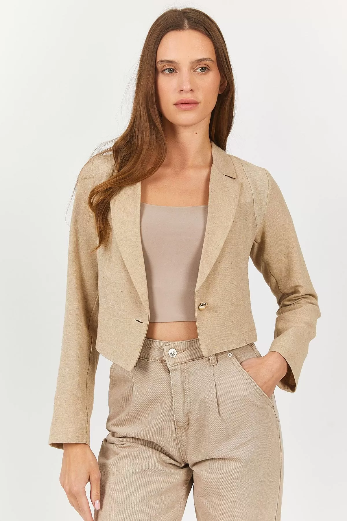 ARM-23Y001064 Vizon Tek Düğmeli Crop Ceket