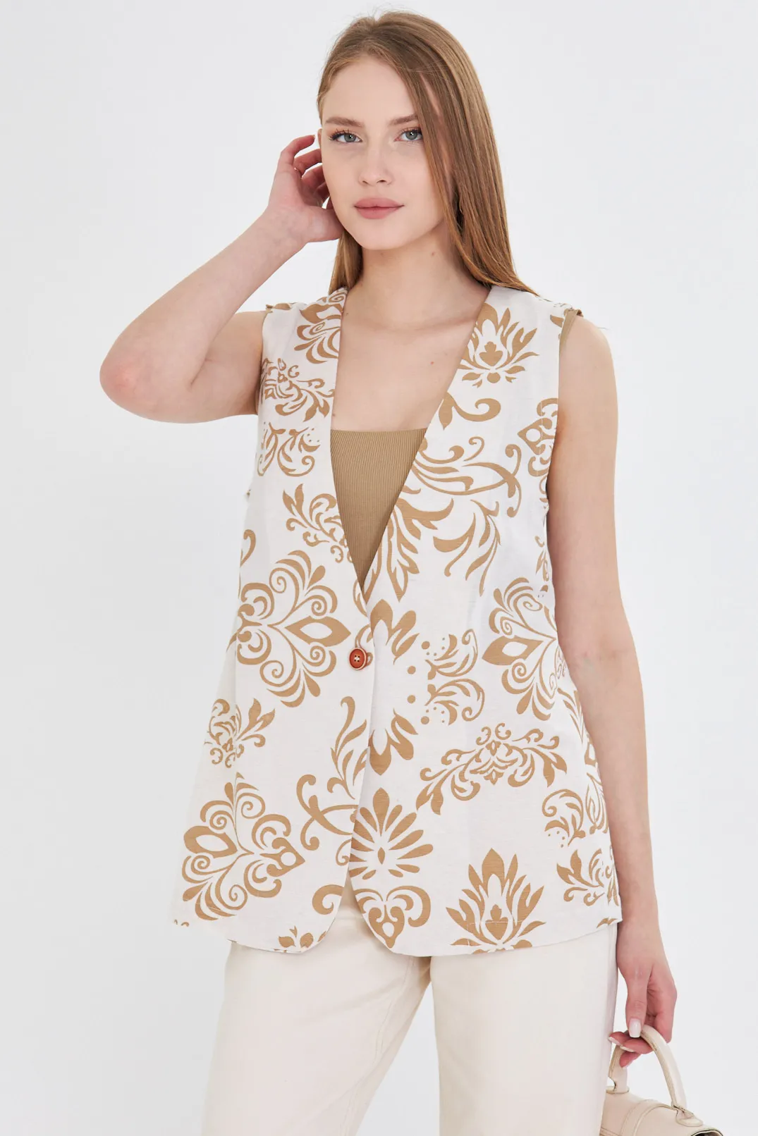 ARM-25Y001032 Vizon V Yaka Tek Düğme Oversize Desenli Yelek